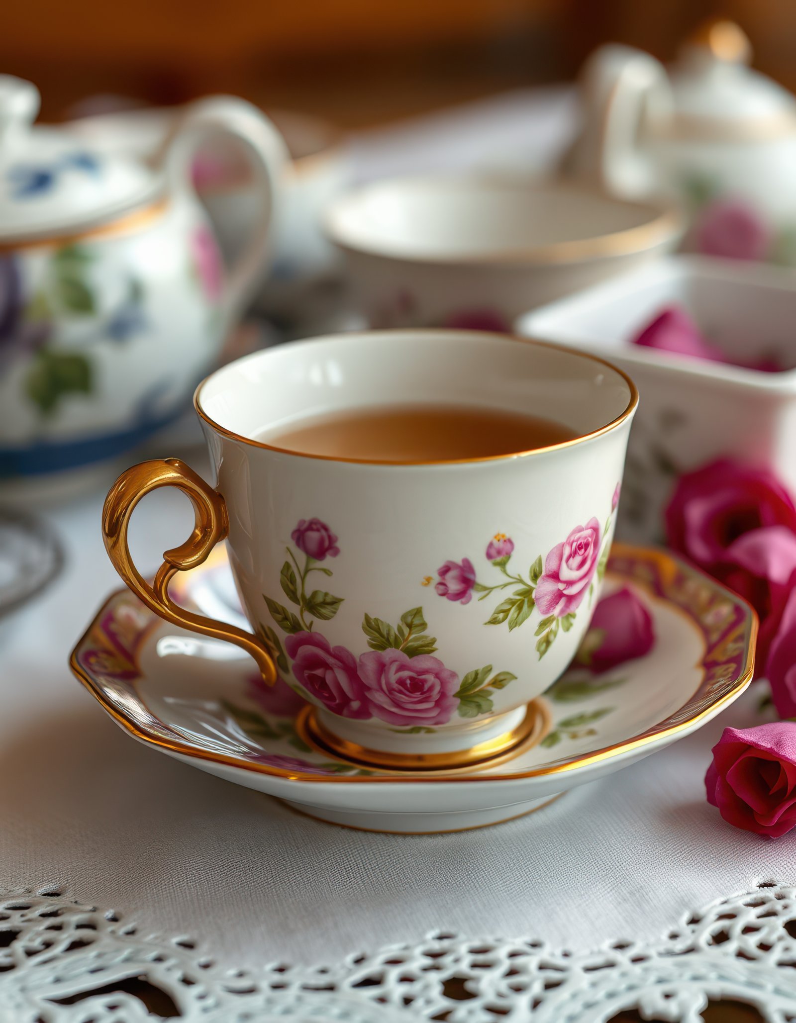 Elegant cup of coffee on a vintage saucer with roses against a beautifully set table